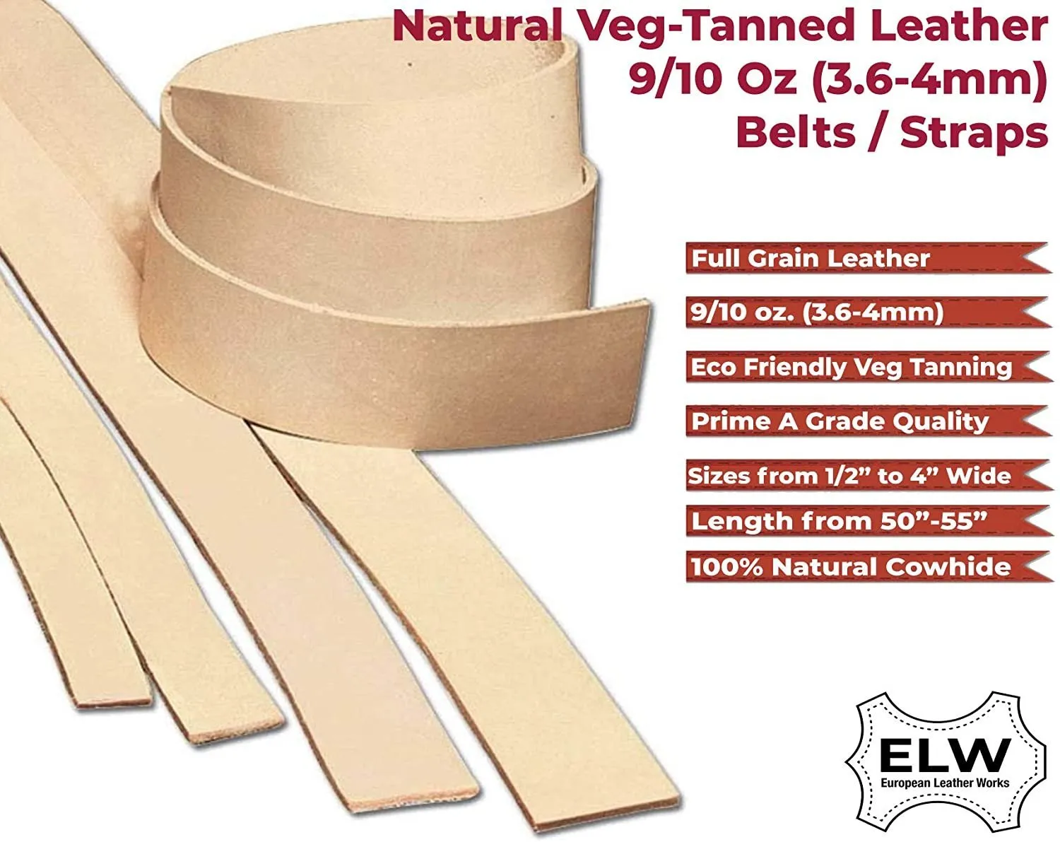 9/10 oz Import Tooling Leather Veg Tan Full Grain | 50-55" Length Belt Blanks/Strips/Straps