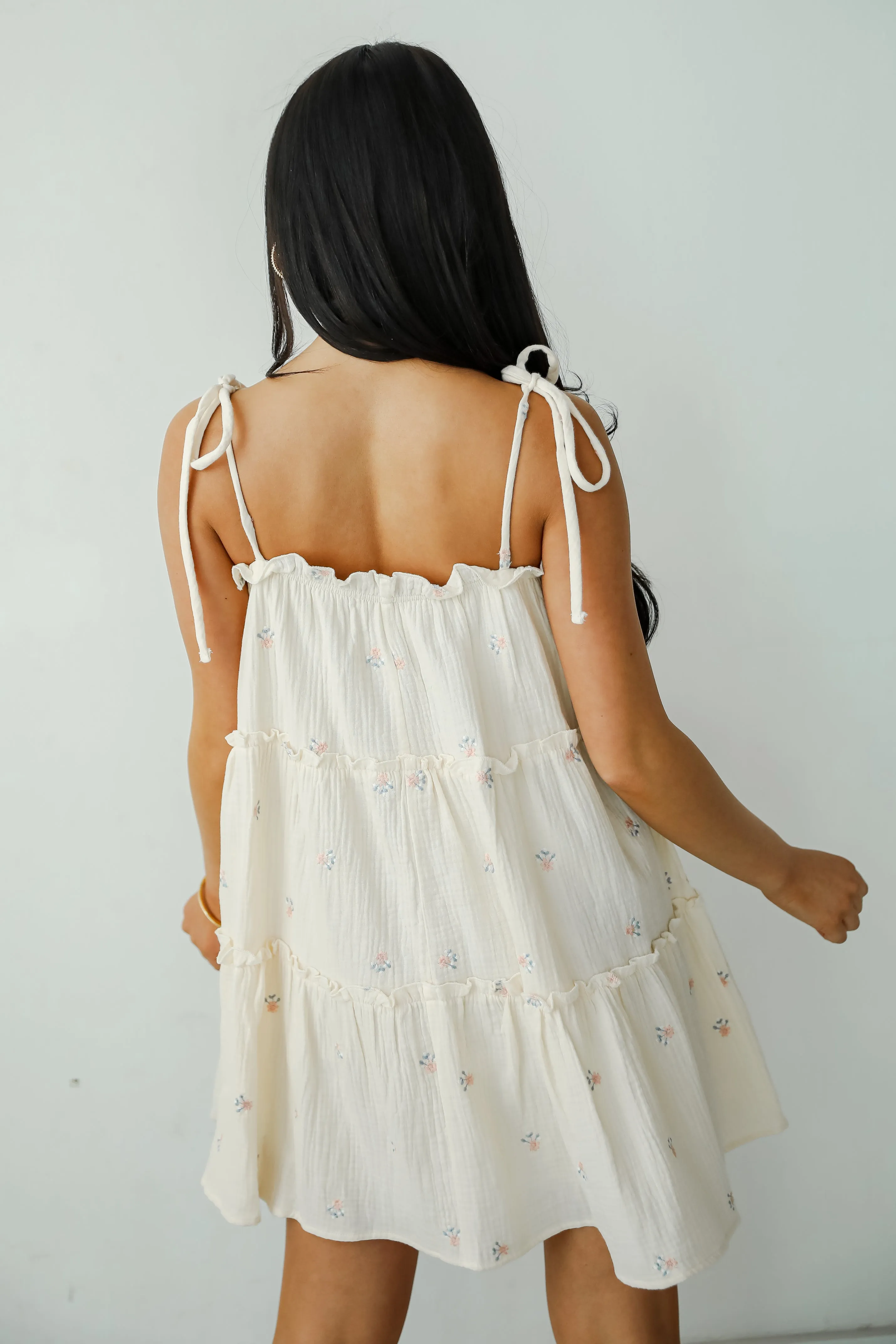 Adored Outing Cream Floral Linen Tiered Mini Dress