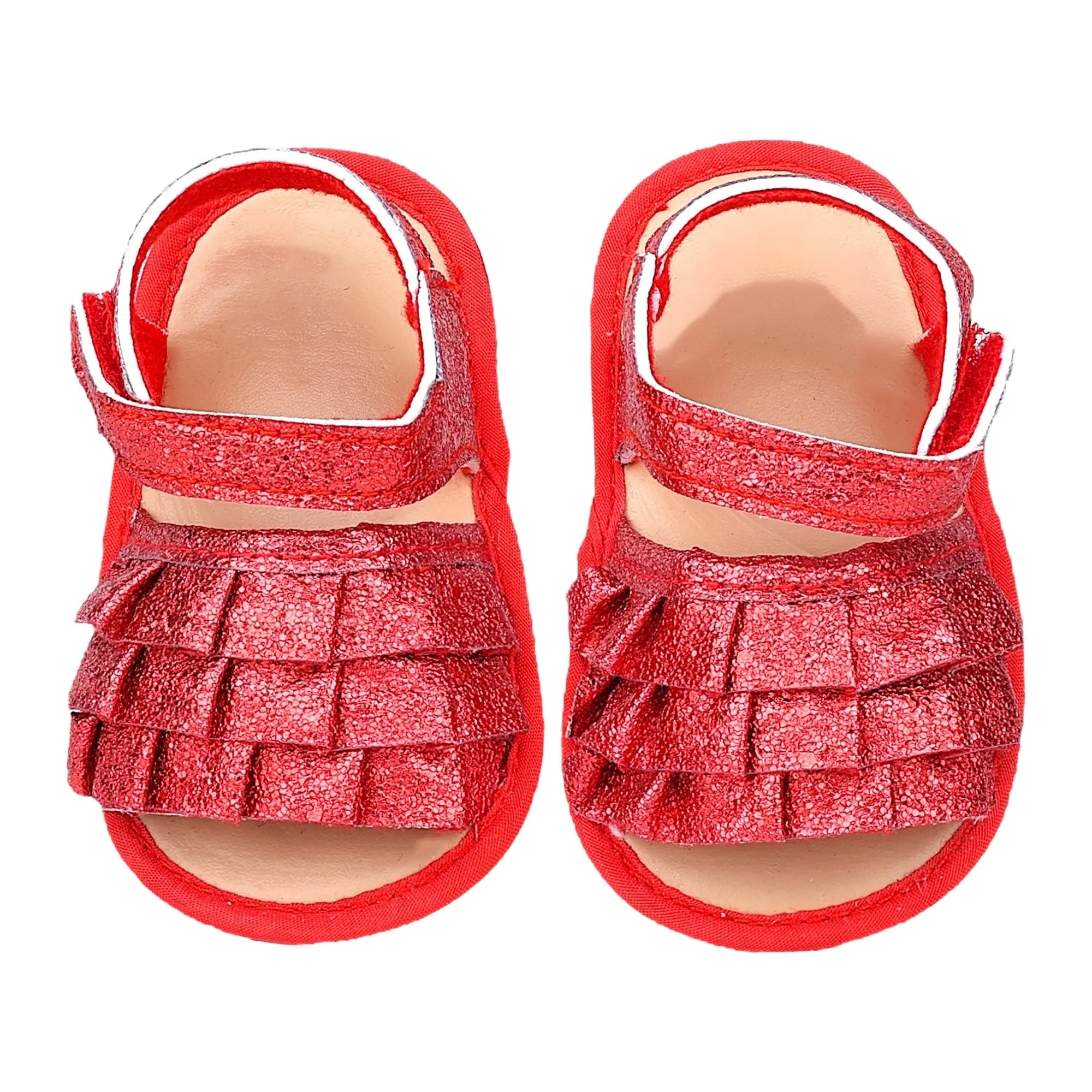 Baby Moo Frilly Glitter Partywear Velcro Straps Anti-Skid Sandals - Red