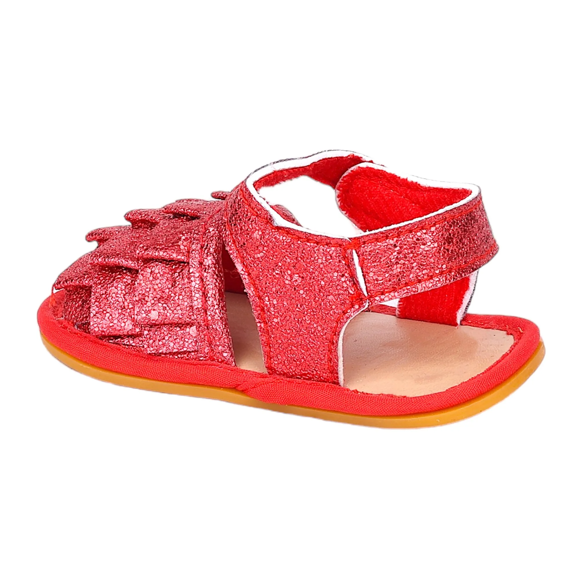 Baby Moo Frilly Glitter Partywear Velcro Straps Anti-Skid Sandals - Red