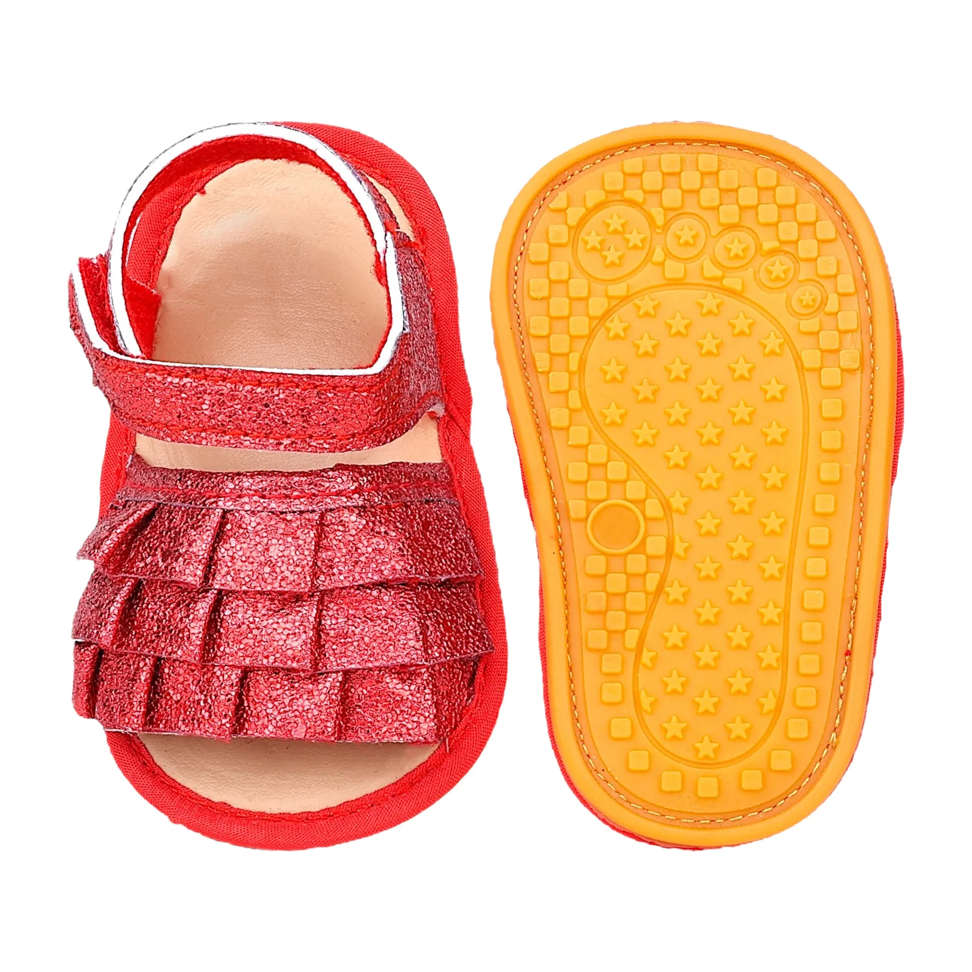 Baby Moo Frilly Glitter Partywear Velcro Straps Anti-Skid Sandals - Red