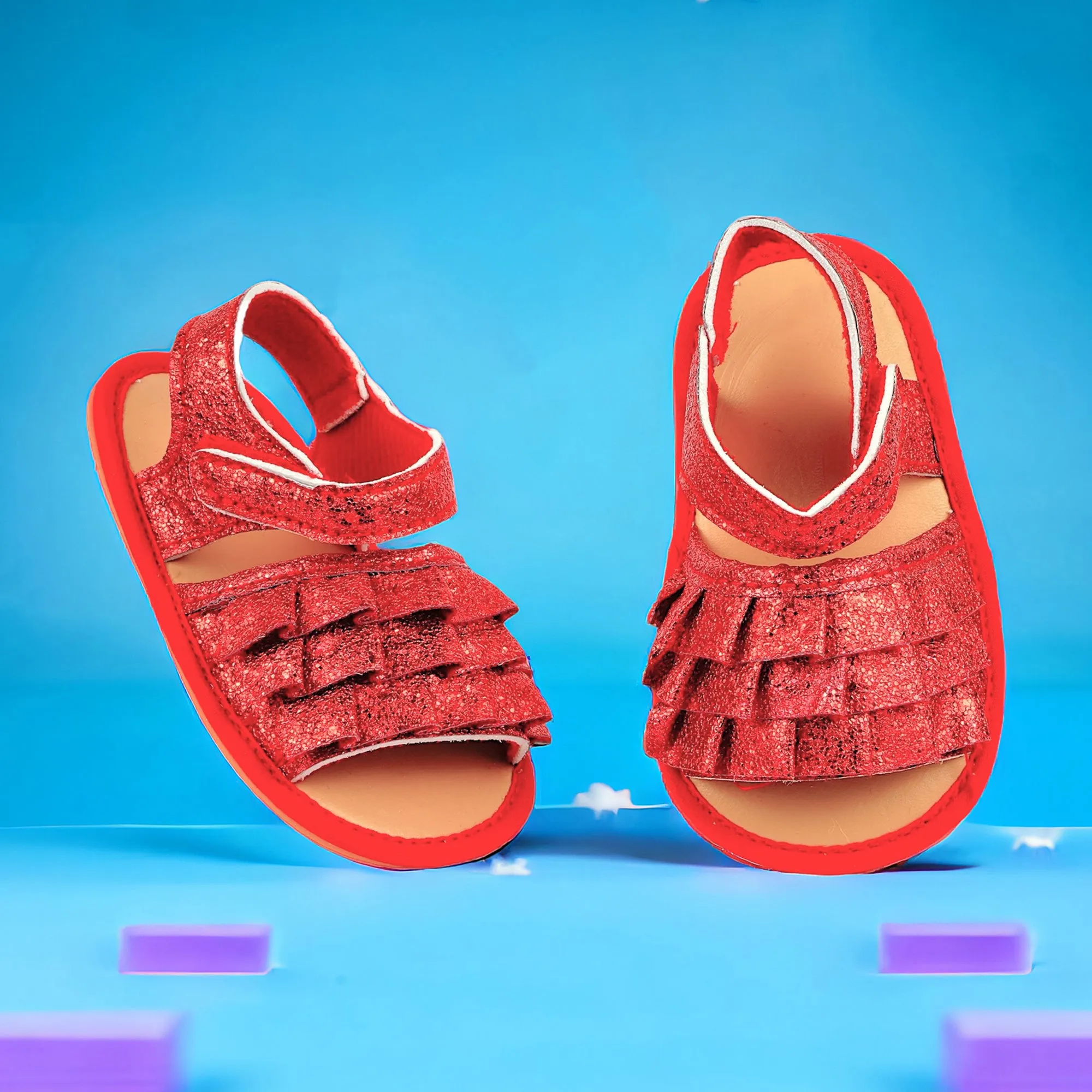 Baby Moo Frilly Glitter Partywear Velcro Straps Anti-Skid Sandals - Red