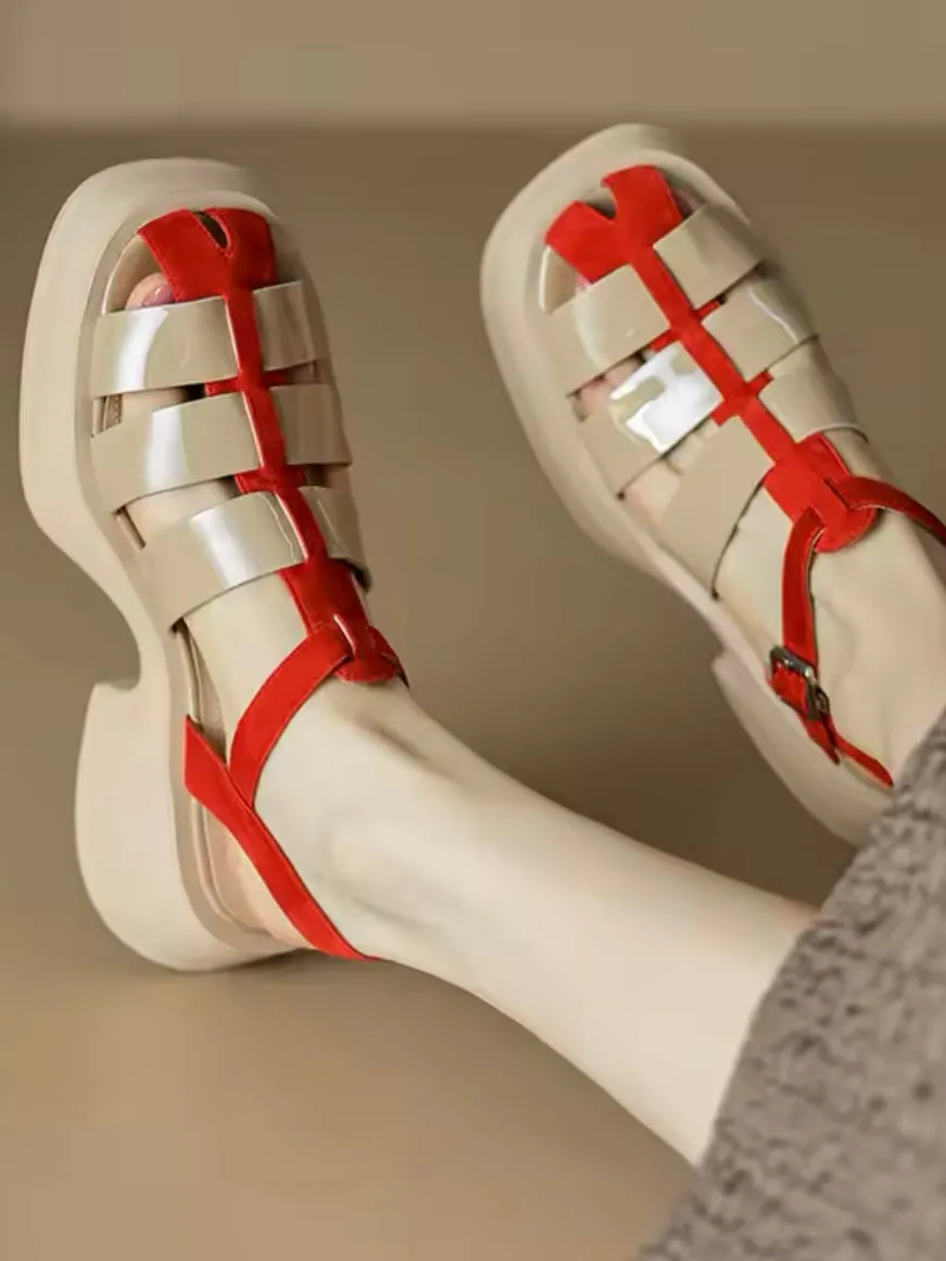 Beige and red Roman polyurethane sandals