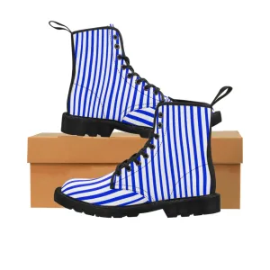 Blue Striped Print Men's Boots, Blue White Stripes Best Hiking Winter Boots Laced Up Shoes For Men