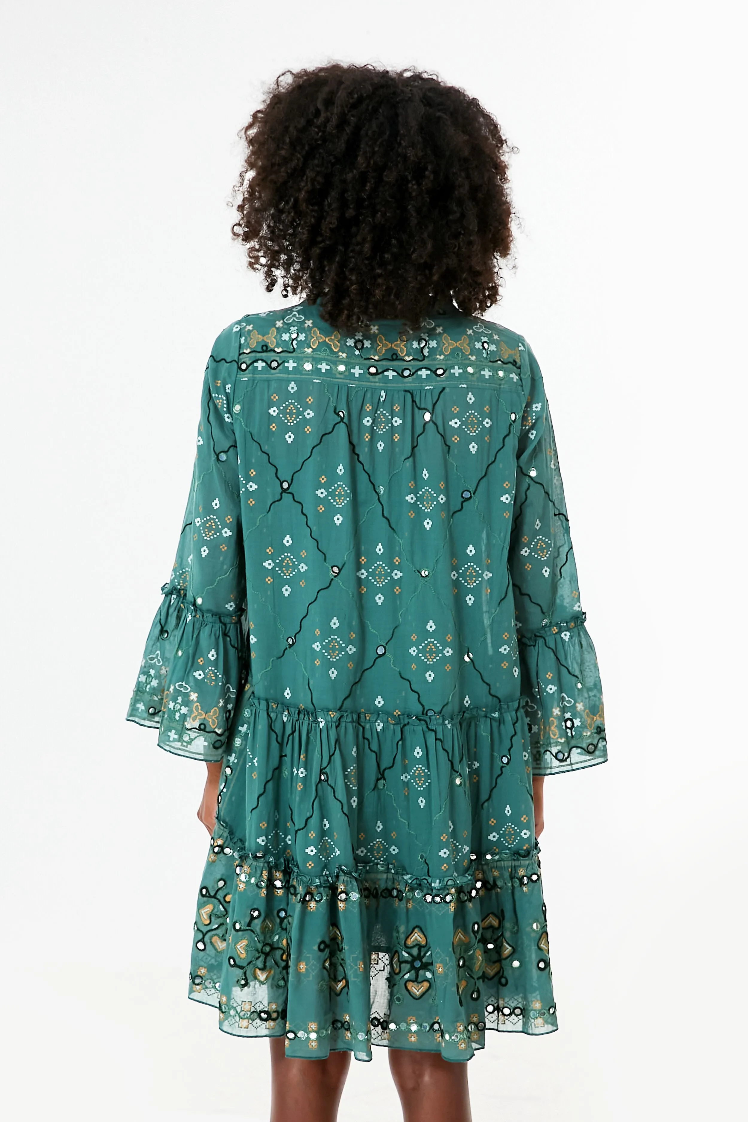 Bottle Green Mosaic Print Flared Sleeve Dress