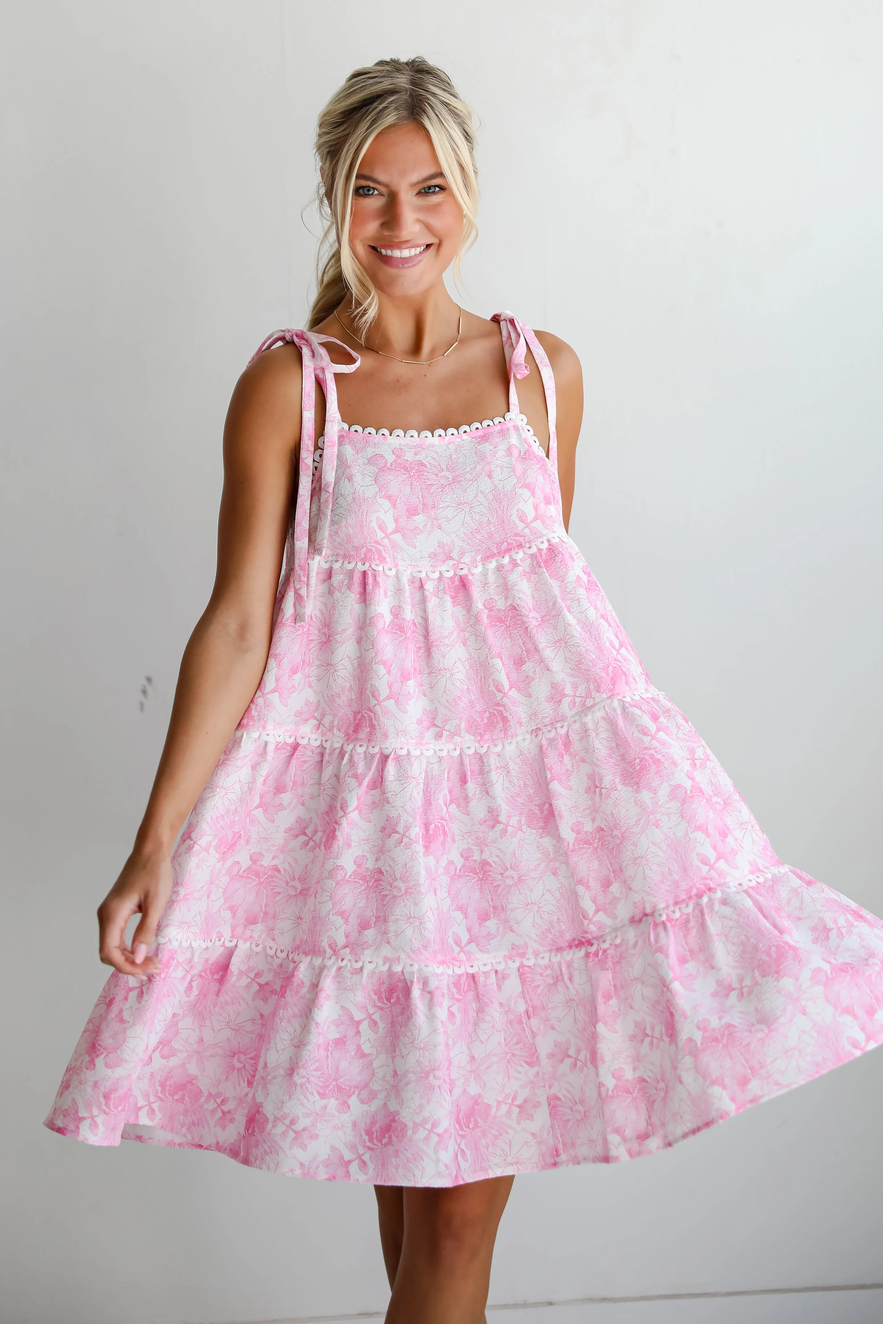 Delicate Addition Pink Floral Tiered Mini Dress