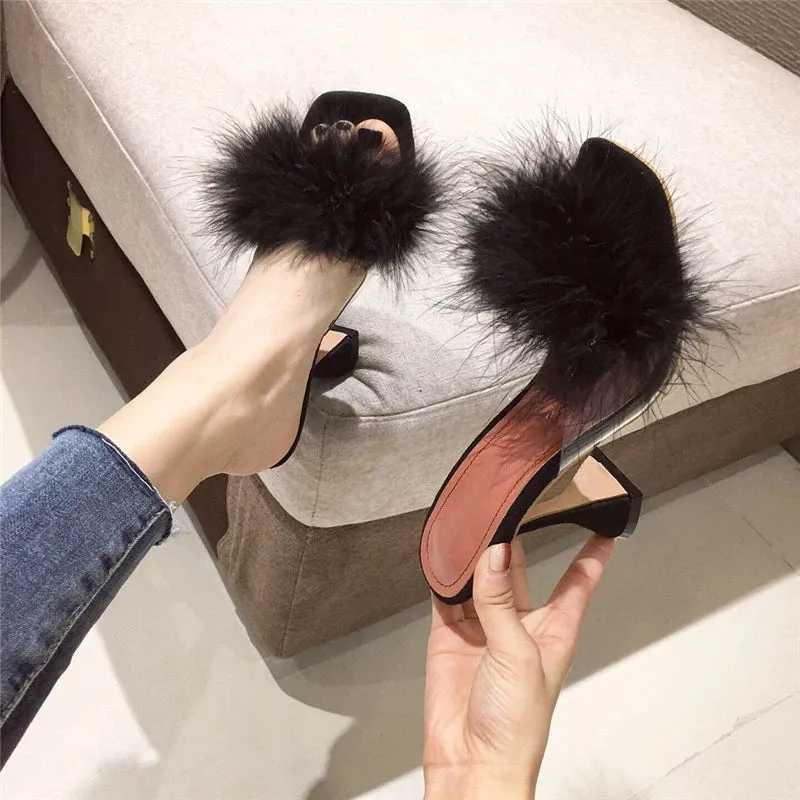 Faux Feather Square toe high heel Mules