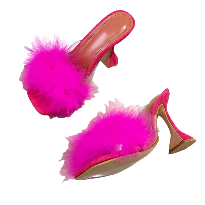 Faux Feather Square toe high heel Mules