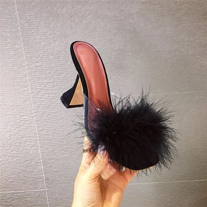 Faux Feather Square toe high heel Mules