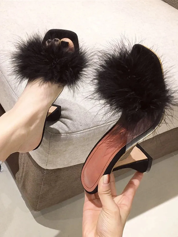 Faux Feather Square toe high heel Mules