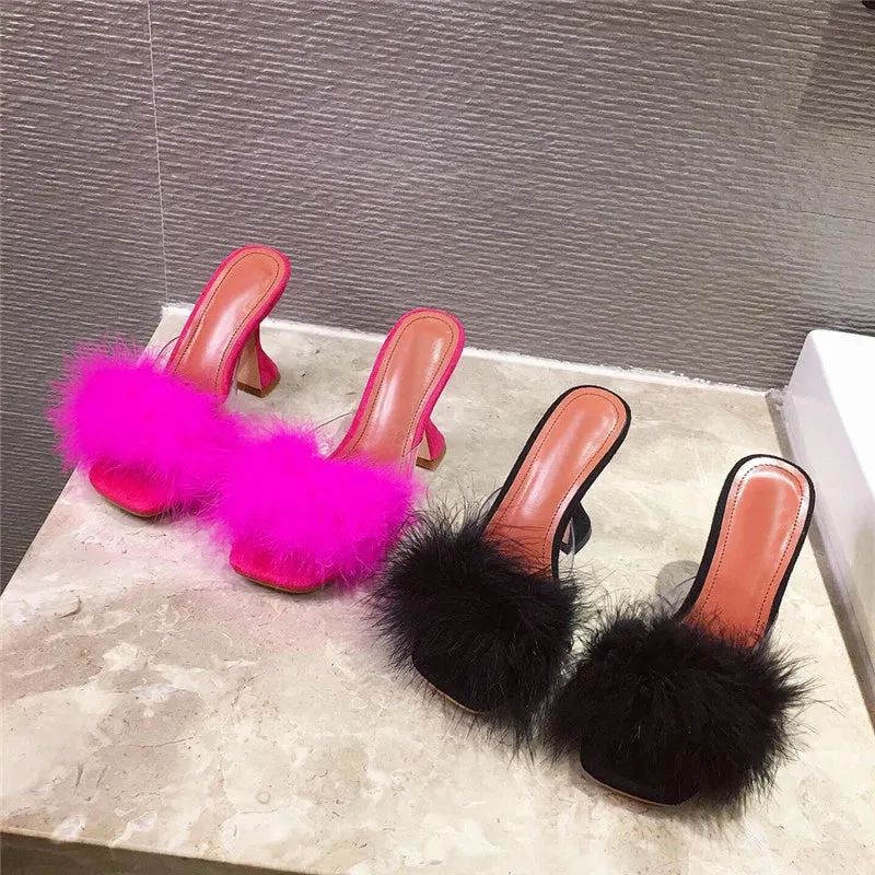 Faux Feather Square toe high heel Mules