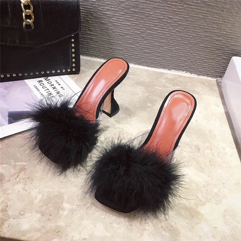 Faux Feather Square toe high heel Mules