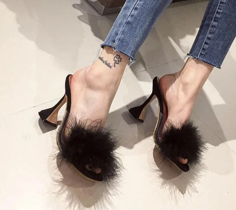 Faux Feather Square toe high heel Mules