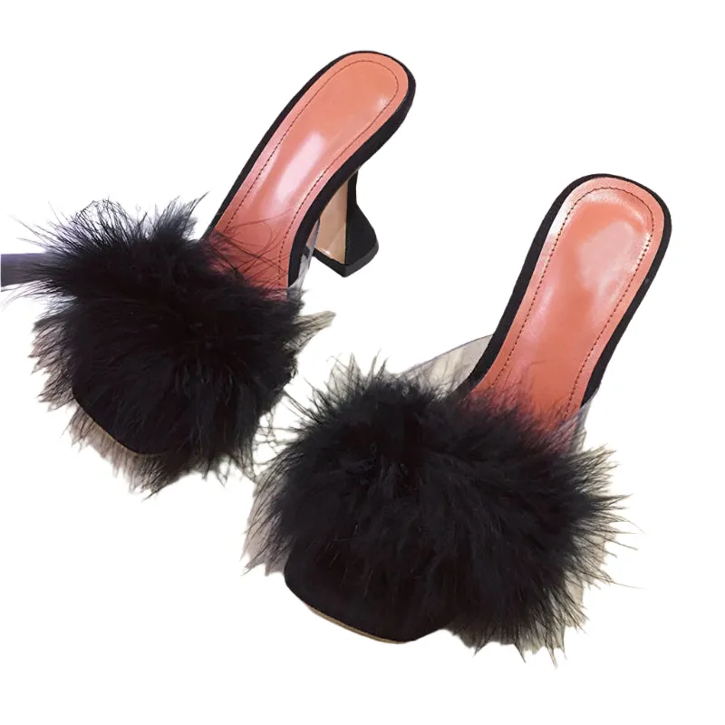 Faux Feather Square toe high heel Mules