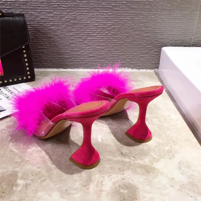 Faux Feather Square toe high heel Mules