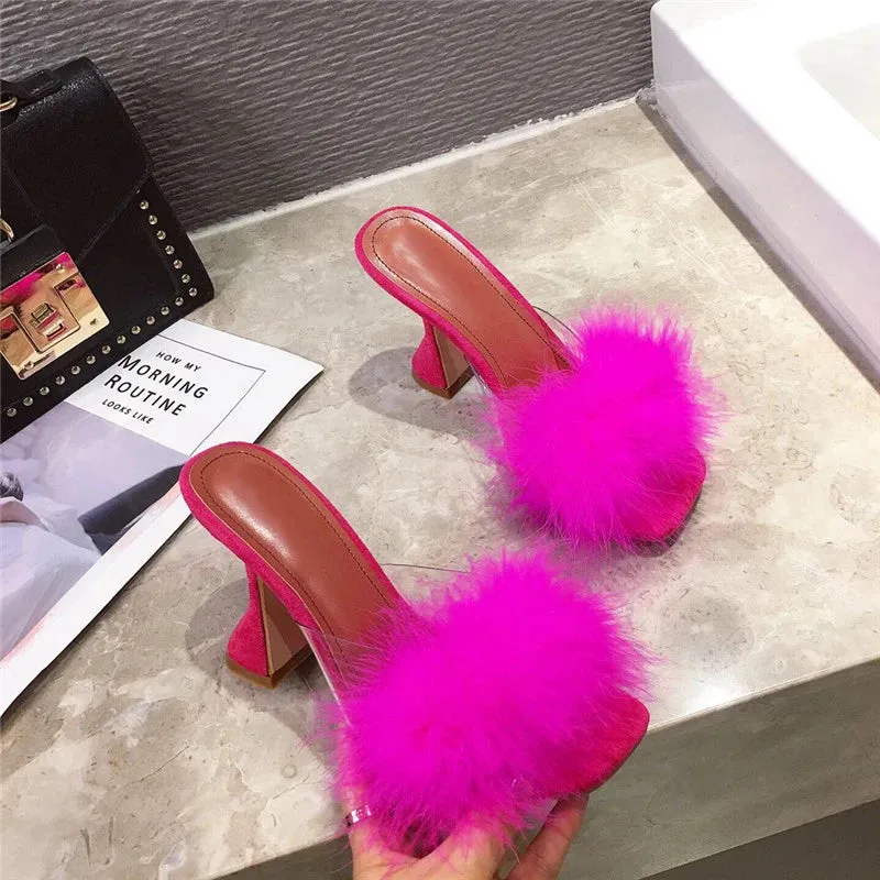 Faux Feather Square toe high heel Mules