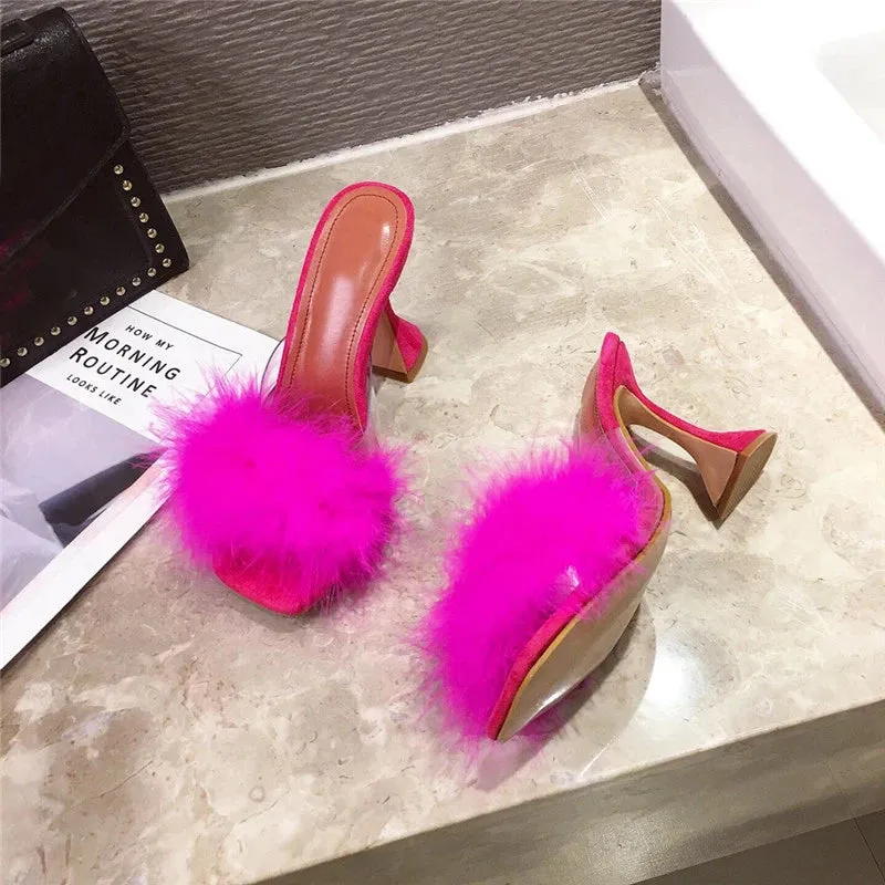 Faux Feather Square toe high heel Mules