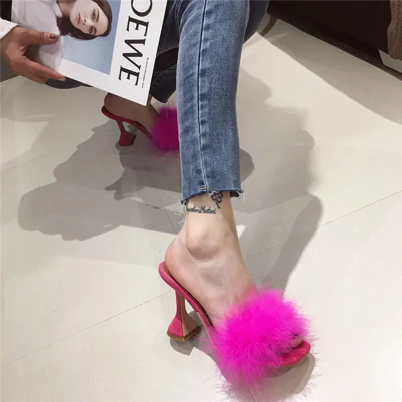 Faux Feather Square toe high heel Mules