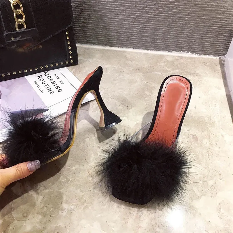 Faux Feather Square toe high heel Mules