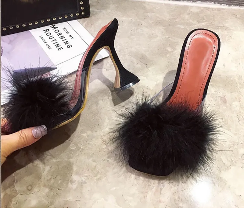 Faux Feather Square toe high heel Mules