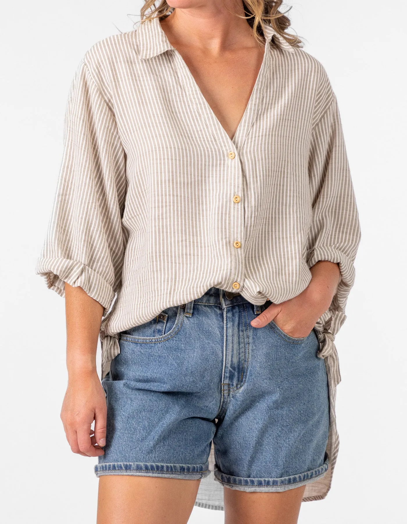 Flinders Oversize Button Down Shirt in Beige Stripe