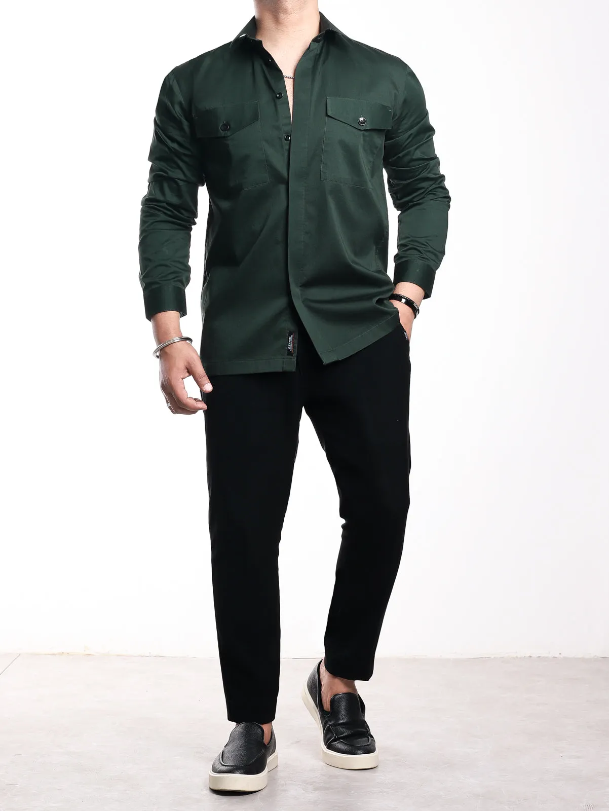 Green Fine Cotton Pockets Shirt