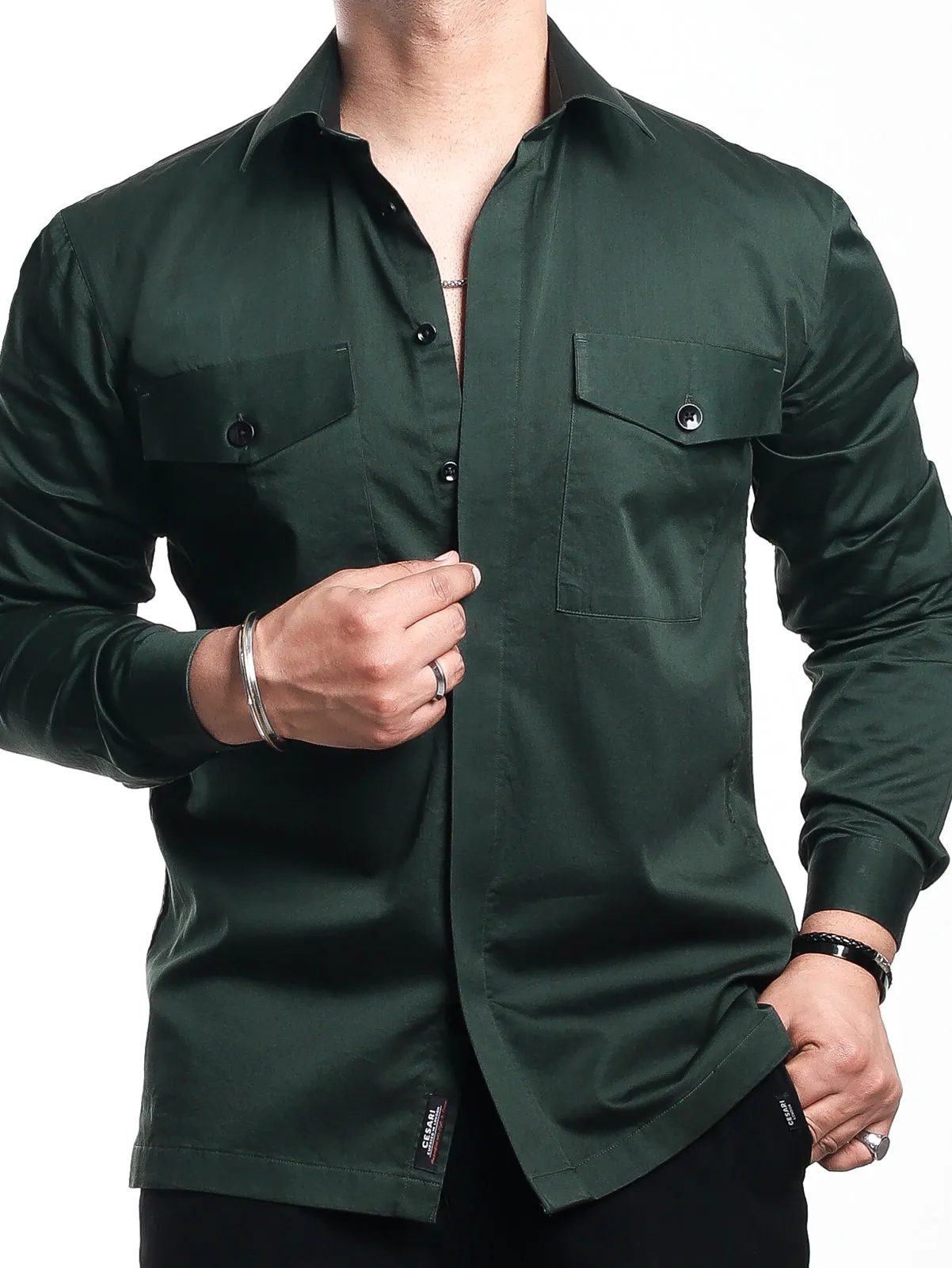 Green Fine Cotton Pockets Shirt