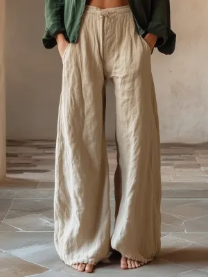 Lifestyle Cotton And Linen Apricot Wide-Leg Trousers