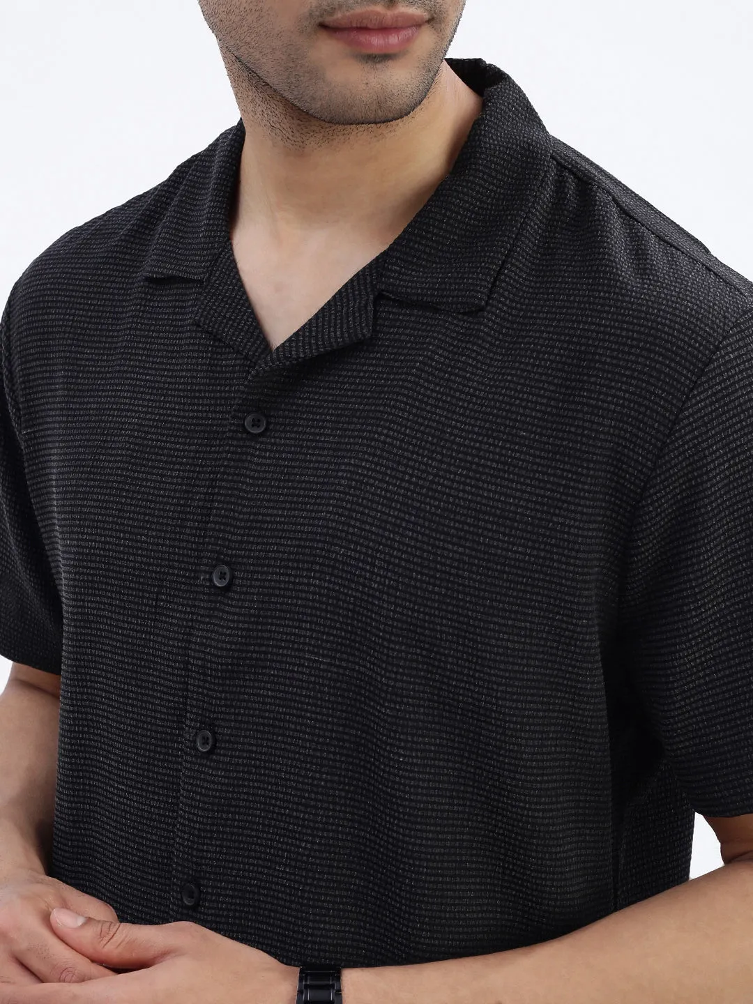 Men Black Solid Cuban Collar Shirt