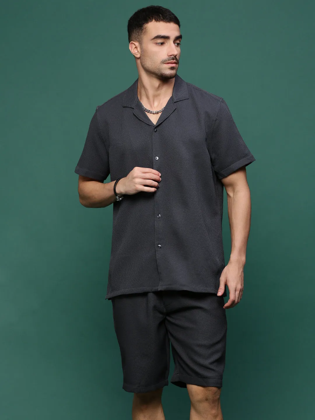 Men Charcoal Cuban Collar Solid Co Ords Set