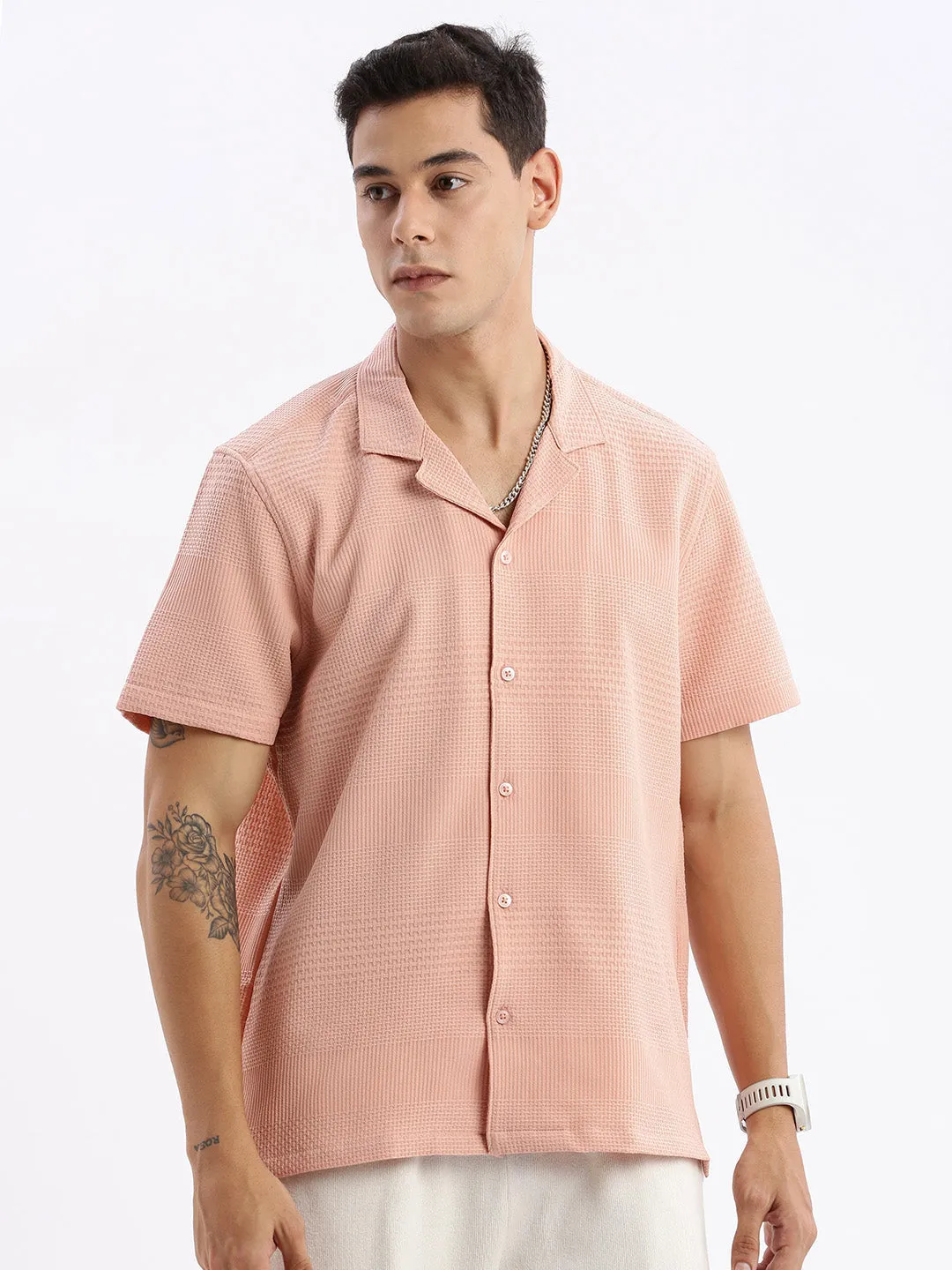 Men Cuban Collar Solid Relaxed Fit Peach Shirt