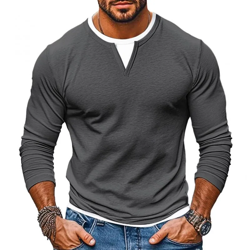 Men's Casual Color Matching Fake Two-Piece Double-Layer V-Neck Long-Sleeved T-Shirt 49232635Y