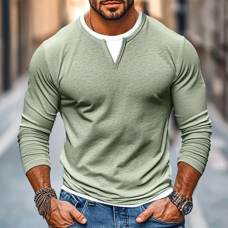 Men's Casual Color Matching Fake Two-Piece Double-Layer V-Neck Long-Sleeved T-Shirt 49232635Y