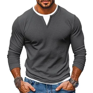 Men's Casual Color Matching Fake Two-Piece Double-Layer V-Neck Long-Sleeved T-Shirt 49232635Y