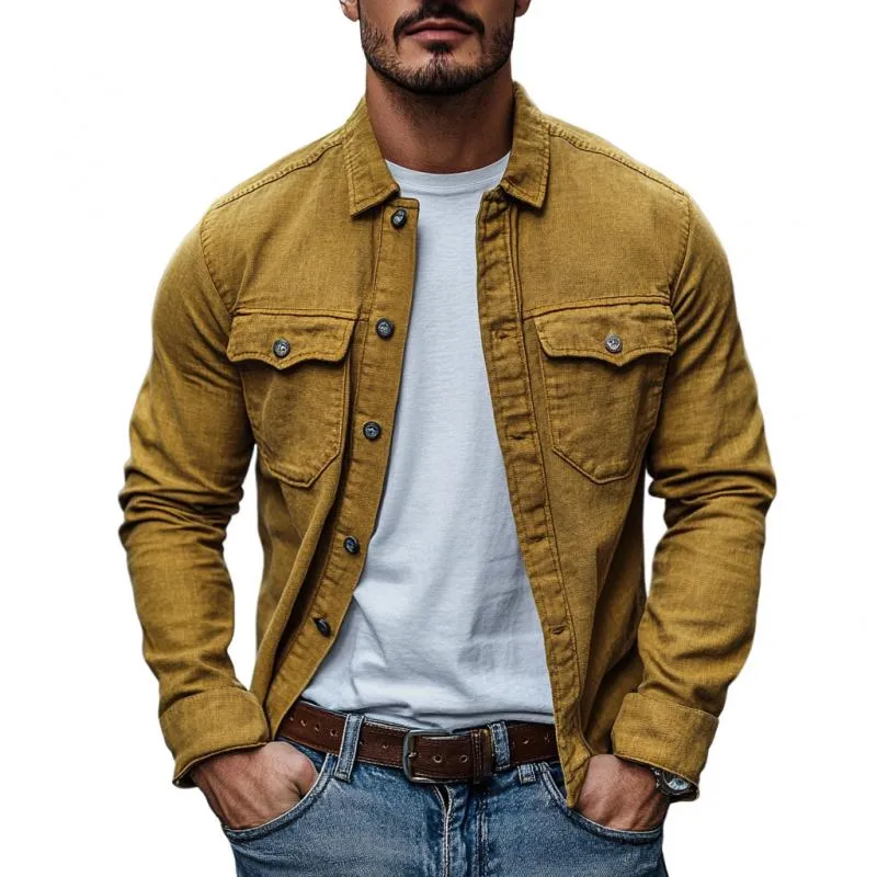 Men's Casual Cotton Linen Lapel Single-breasted Slim-fit Long-sleeved Shirt 80302812M