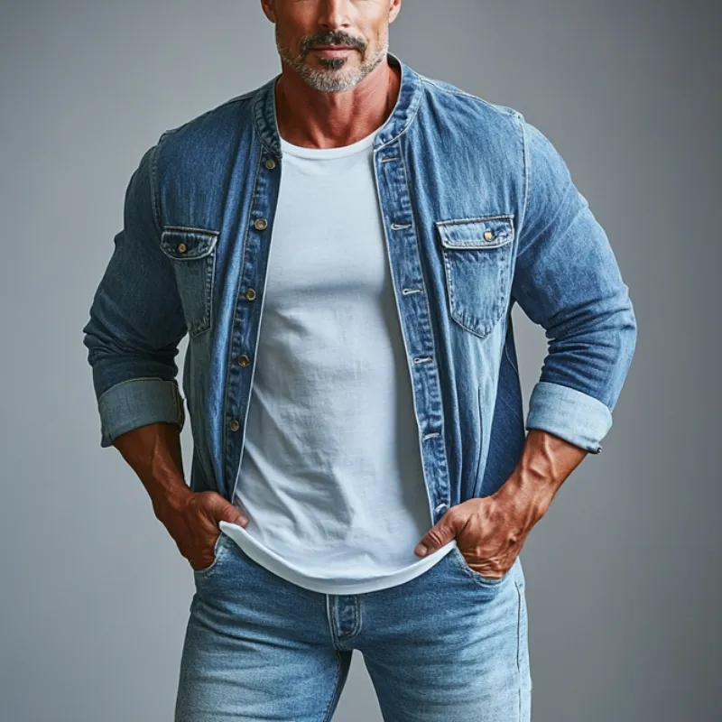 Men's Fashion Round Neck Single Breasted Double Chest Pocket Long Sleeve Denim Shirt 98862819Y