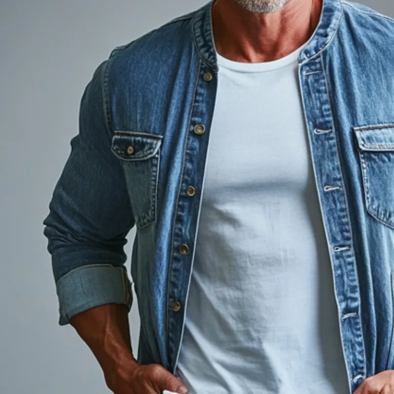 Men's Fashion Round Neck Single Breasted Double Chest Pocket Long Sleeve Denim Shirt 98862819Y