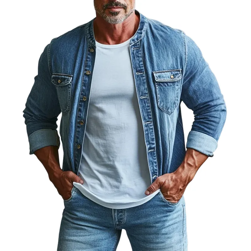 Men's Fashion Round Neck Single Breasted Double Chest Pocket Long Sleeve Denim Shirt 98862819Y