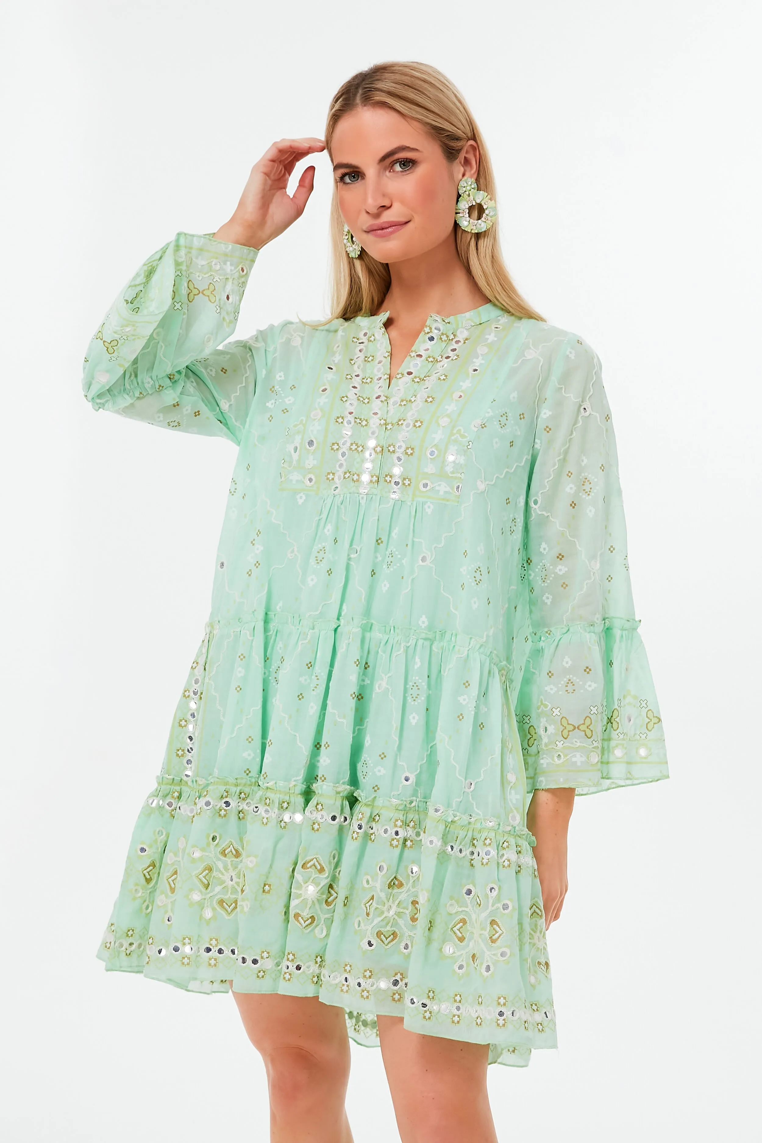 Mint Mosaic Print Flared Sleeve Dress