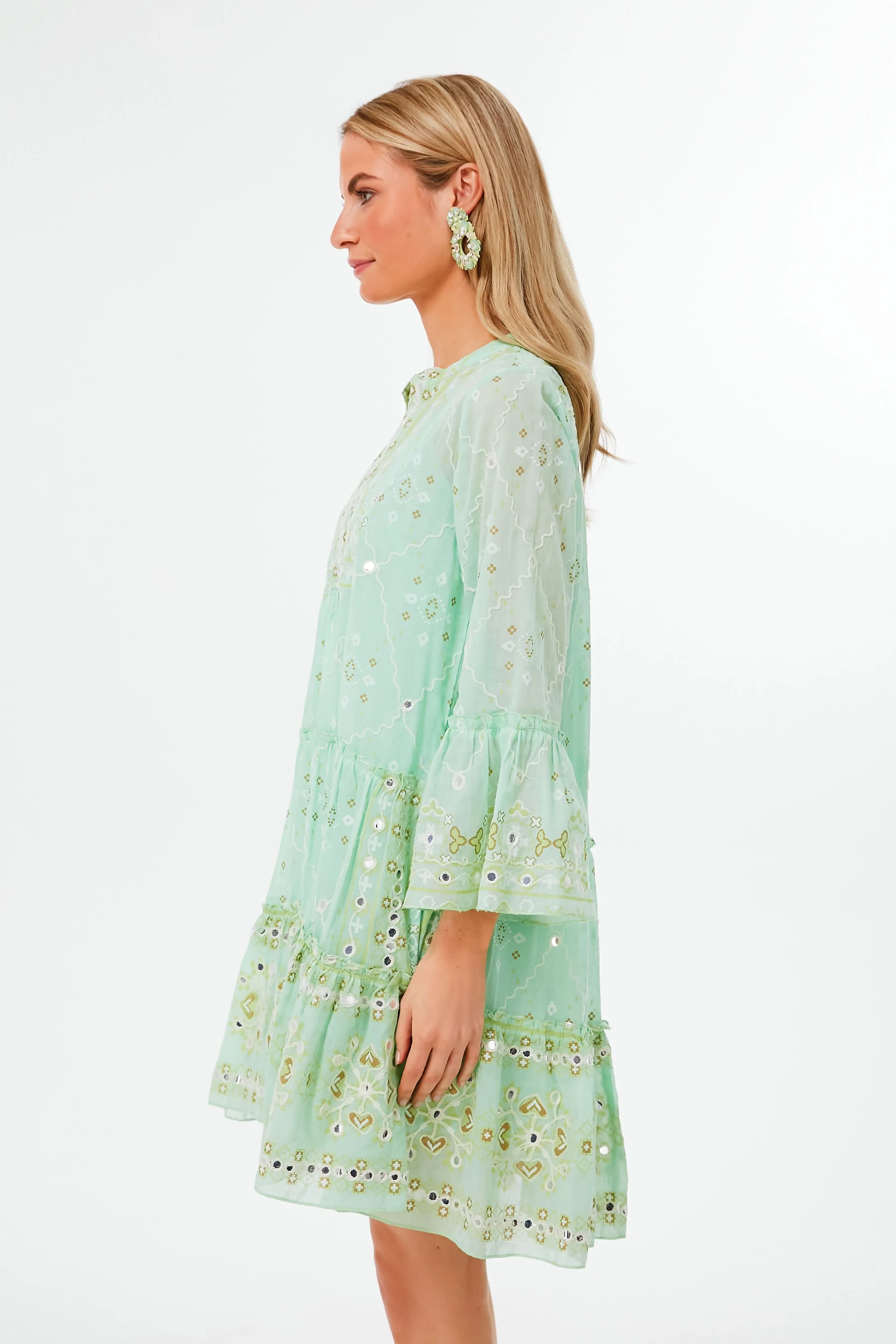 Mint Mosaic Print Flared Sleeve Dress