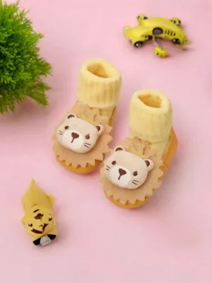 Soft and Playful Yellow Leather Socks with Crowned Lion Design for Boys