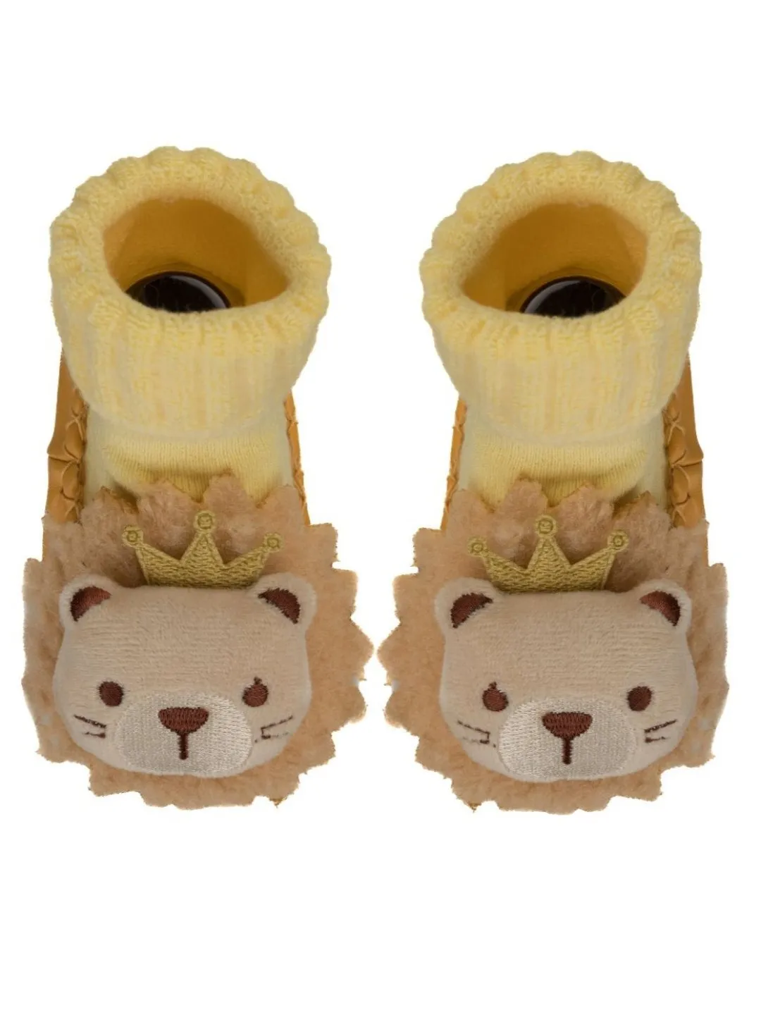 Soft and Playful Yellow Leather Socks with Crowned Lion Design for Boys