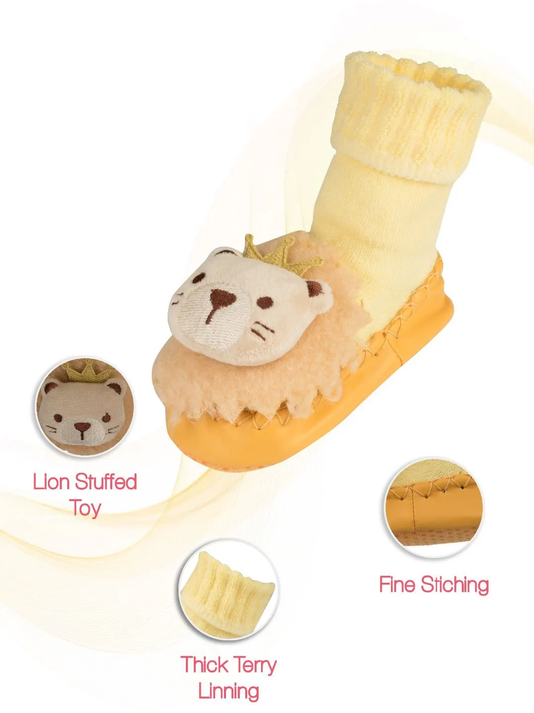 Soft and Playful Yellow Leather Socks with Crowned Lion Design for Boys