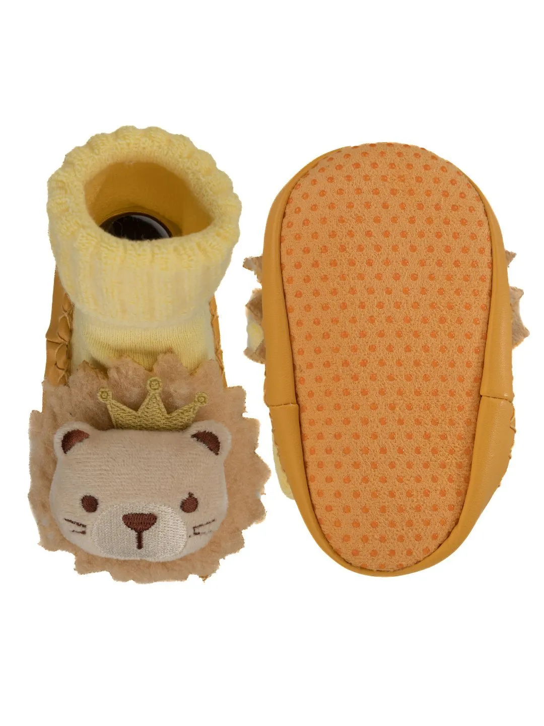 Soft and Playful Yellow Leather Socks with Crowned Lion Design for Boys