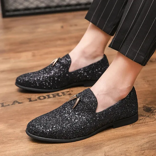 Sparkling Silvery Tassel Leather Loafers