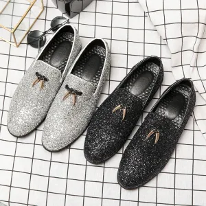 Sparkling Silvery Tassel Leather Loafers