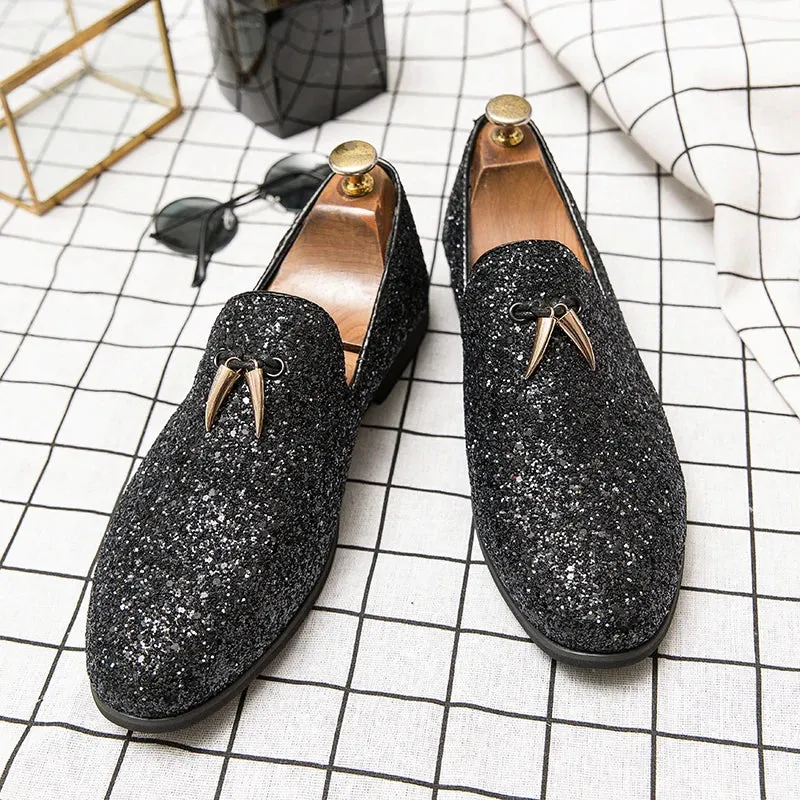 Sparkling Silvery Tassel Leather Loafers