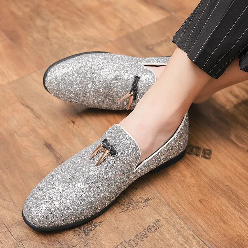 Sparkling Silvery Tassel Leather Loafers