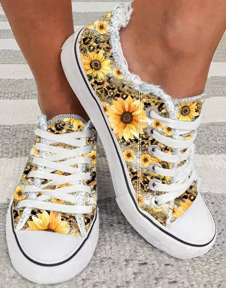 Sunflower Print Raw Hem Canvas Sneakers