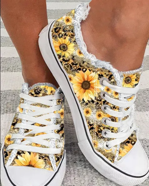 Sunflower Print Raw Hem Canvas Sneakers